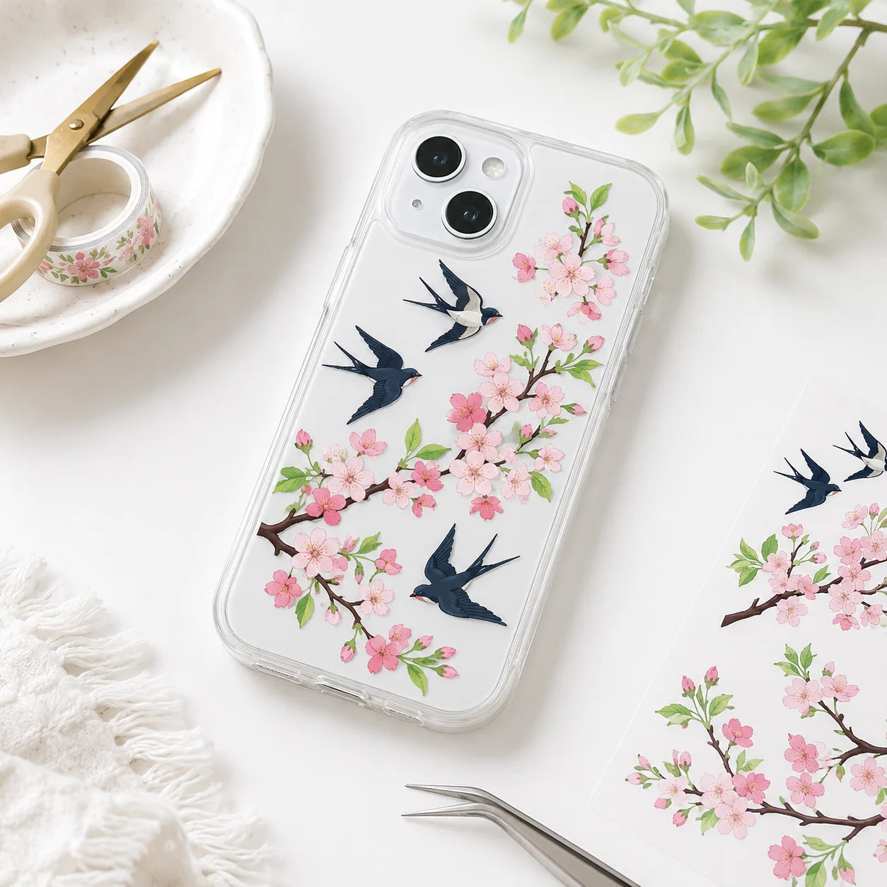 Cherry Blossom Bird UV Transfer Sticker | Floral Rub-On Decal