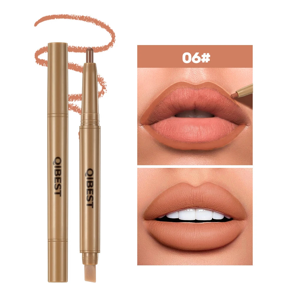 QIBEST Double Head Lip Liner&Brush Pen Mist Matte Velvet Contour Tint Lipstick Pencil Long Lasting Nude Brown Natural Lip Makeup Peaceful Pleasures Health and Wellness 06