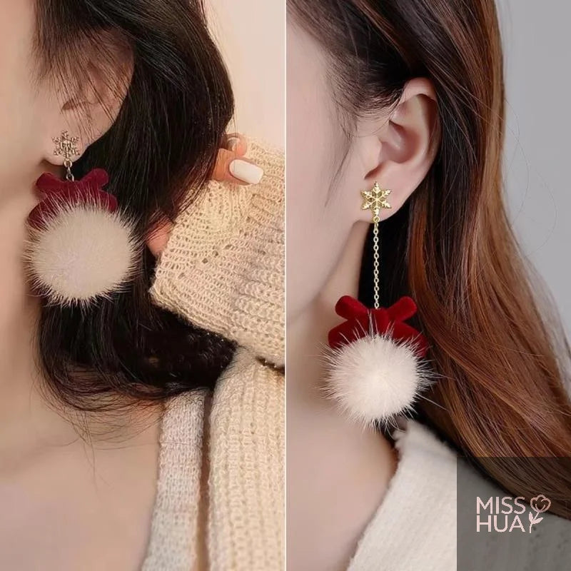 Pompom Bowknot Plush Drop Earrings | Christmas & New Year Gift
