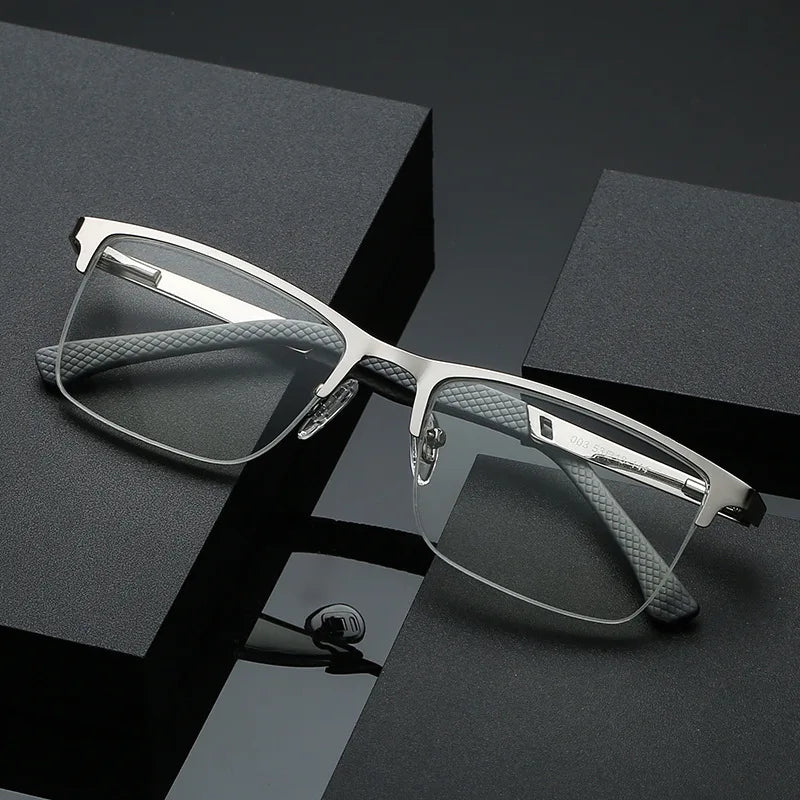 Anti Blue Light and Anti Half Frame Fish Silk Fashionable Stainless Steel Pupil Distance Business Men's Reading Glasses Peaceful Pleasures Health and Wellness Silver 350