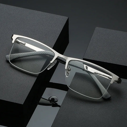 Anti Blue Light and Anti Half Frame Fish Silk Fashionable Stainless Steel Pupil Distance Business Men's Reading Glasses Peaceful Pleasures Health and Wellness Silver 350