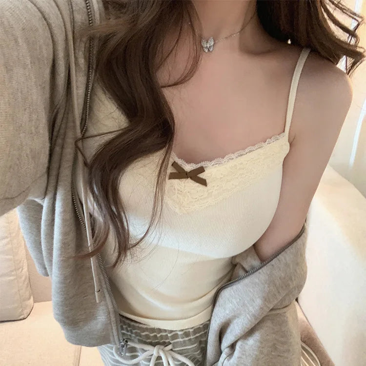 Women's Bow Lace Corset Camisole Crop Top with Chest Pad