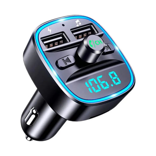 Bluetooth 5.0 Dual USB Port Charging Hands-free Calling Blue LED Light Fast Charging FM Transmitter Car Adapter Car Accessories Peaceful Pleasures Health and Wellness