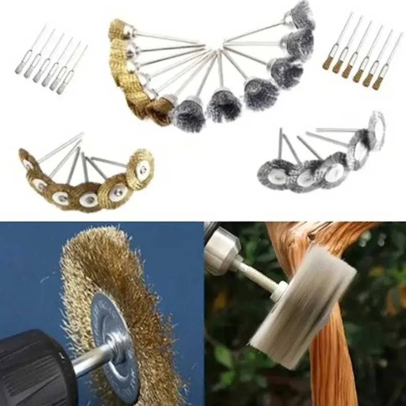 9pcs Steel Wire Brass Brush Rotary Tool Electric Dremel Drill Bit Polishing Grinding Wheel T-shaped Brush Accessories Peaceful Pleasures Health and Wellness