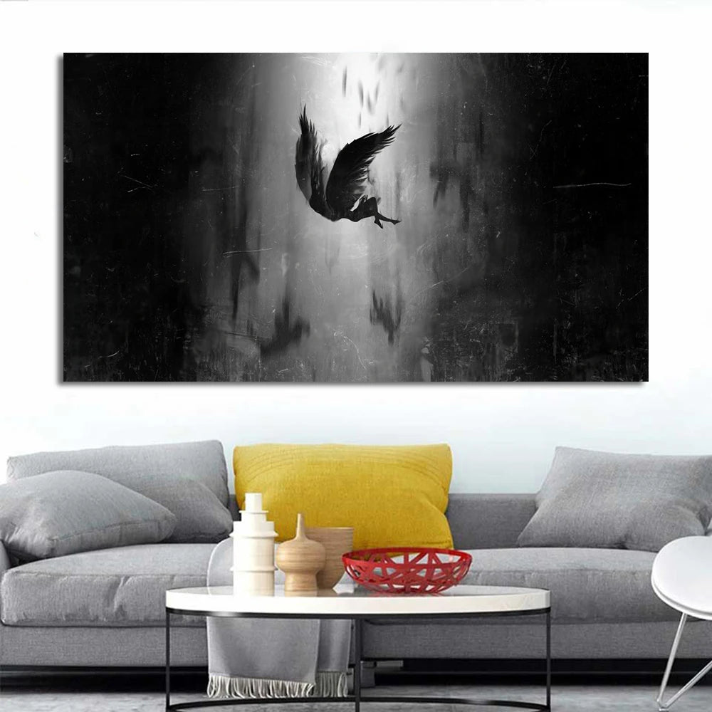 The Angel Lucifer Falls From Heaven Canvas Painting Black Wings Anime Posters and Prints for Living Room Decoration Cuadros Peaceful Pleasures Health and Wellness
