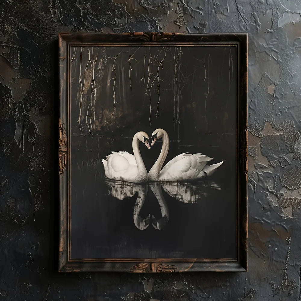Unframed Gothic Style Swan Couples Heart Aesthetics Art Poster Dark Academia Moody Romantic Vintage Painting Canvas Wall Picture Peaceful Pleasures Health and Wellness ZLH5069 90x130cm No Frame