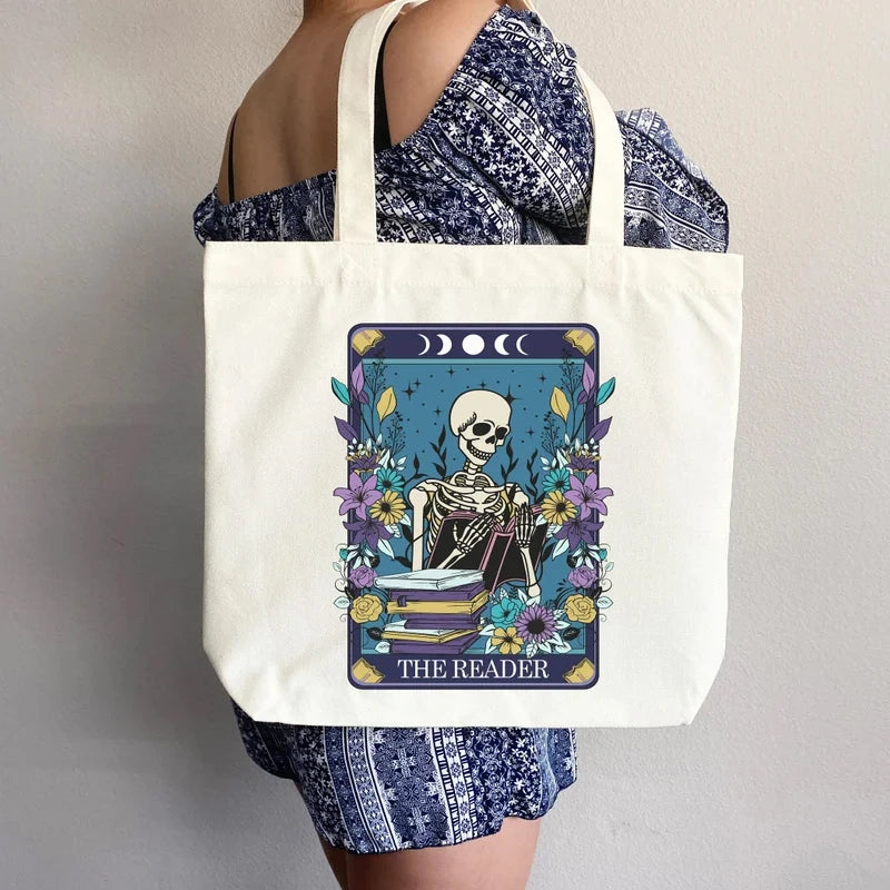 Reader Skull Large Canvas Tote Bag | Book Lover Gift Canvas Tote Bag Peaceful Pleasures Health and Wellness