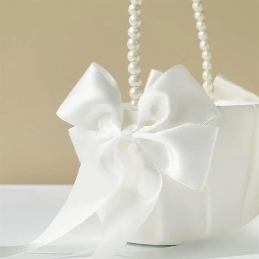 Wedding Flower Basket White Satin Pearl Bowknot Wedding Scattering Flower Basket Foldable Flower Women Pearl Handle Baskets Peaceful Pleasures Health and Wellness WHITE