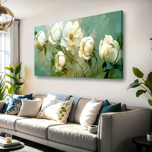 Chic White Floral Canvas Art Print Frameless for Bedroom, Living Room, Home Office Decor | Modern French Country Style Wall Art Peaceful Pleasures Health and Wellness
