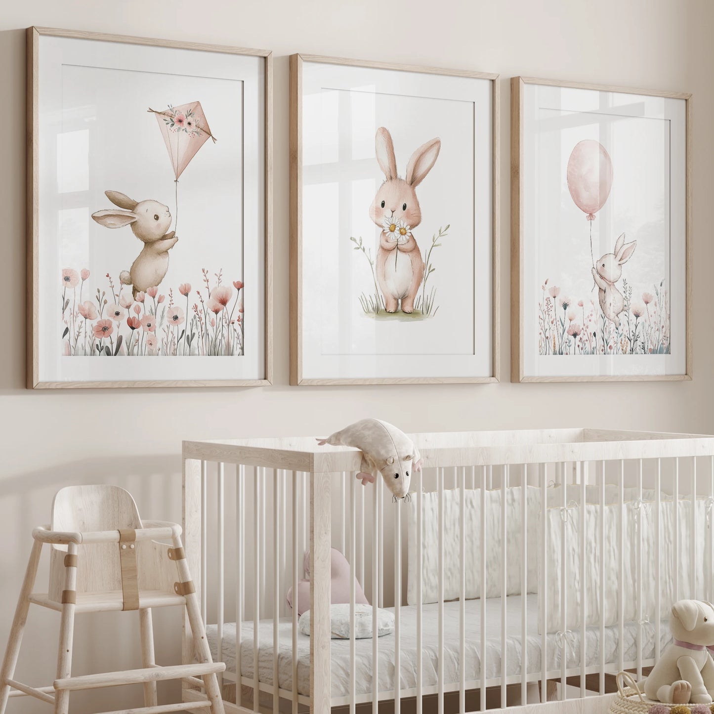 3-Piece Cartoon Rabbit Floral Canvas Wall Art Print | Home Decor