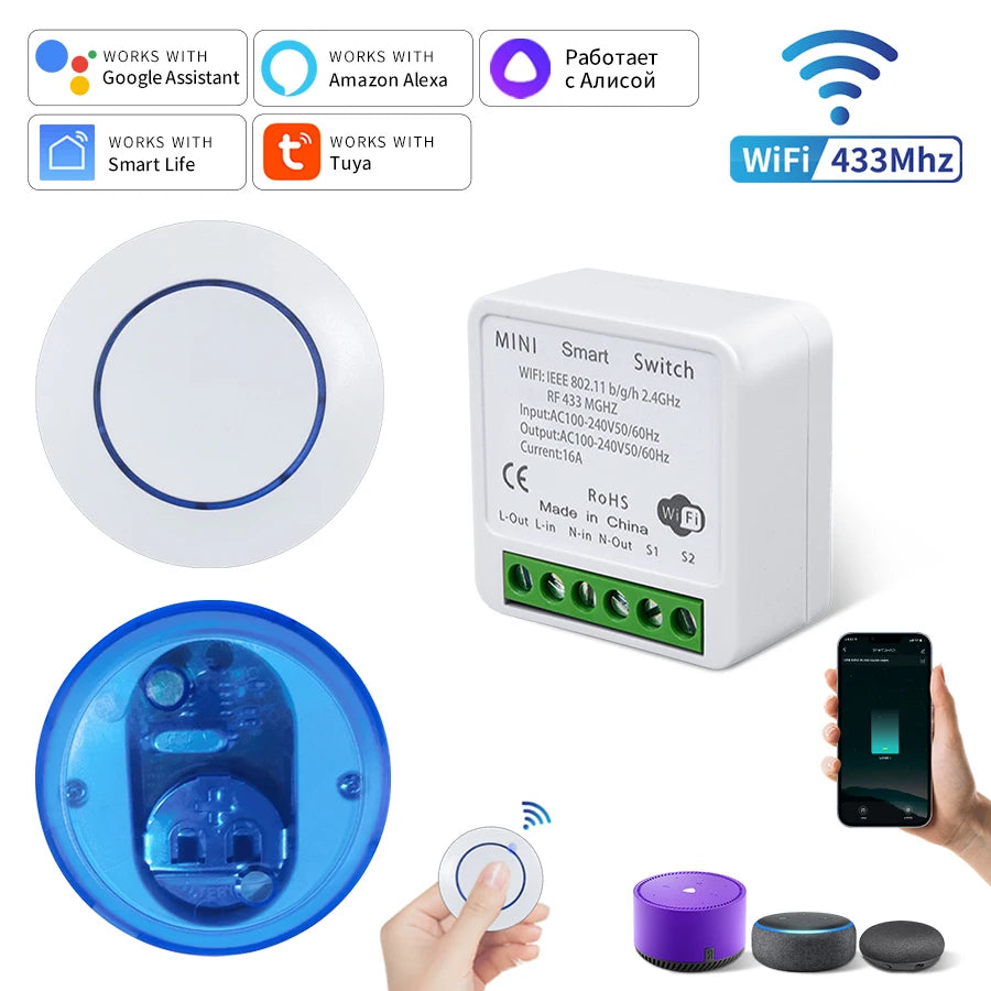 Tuya WiFi Smart Switch 16A Receiver Relay Intelligent Switch Module 433Mhz Round Button Remote Smart Life APP Alexa Google Home Peaceful Pleasures Health and Wellness