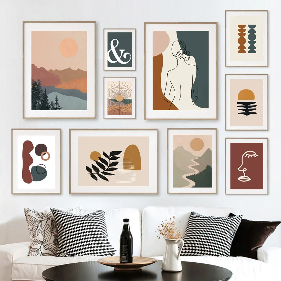 Boho Abstract Line Art Canvas Print | Beige Terracotta Wall Art