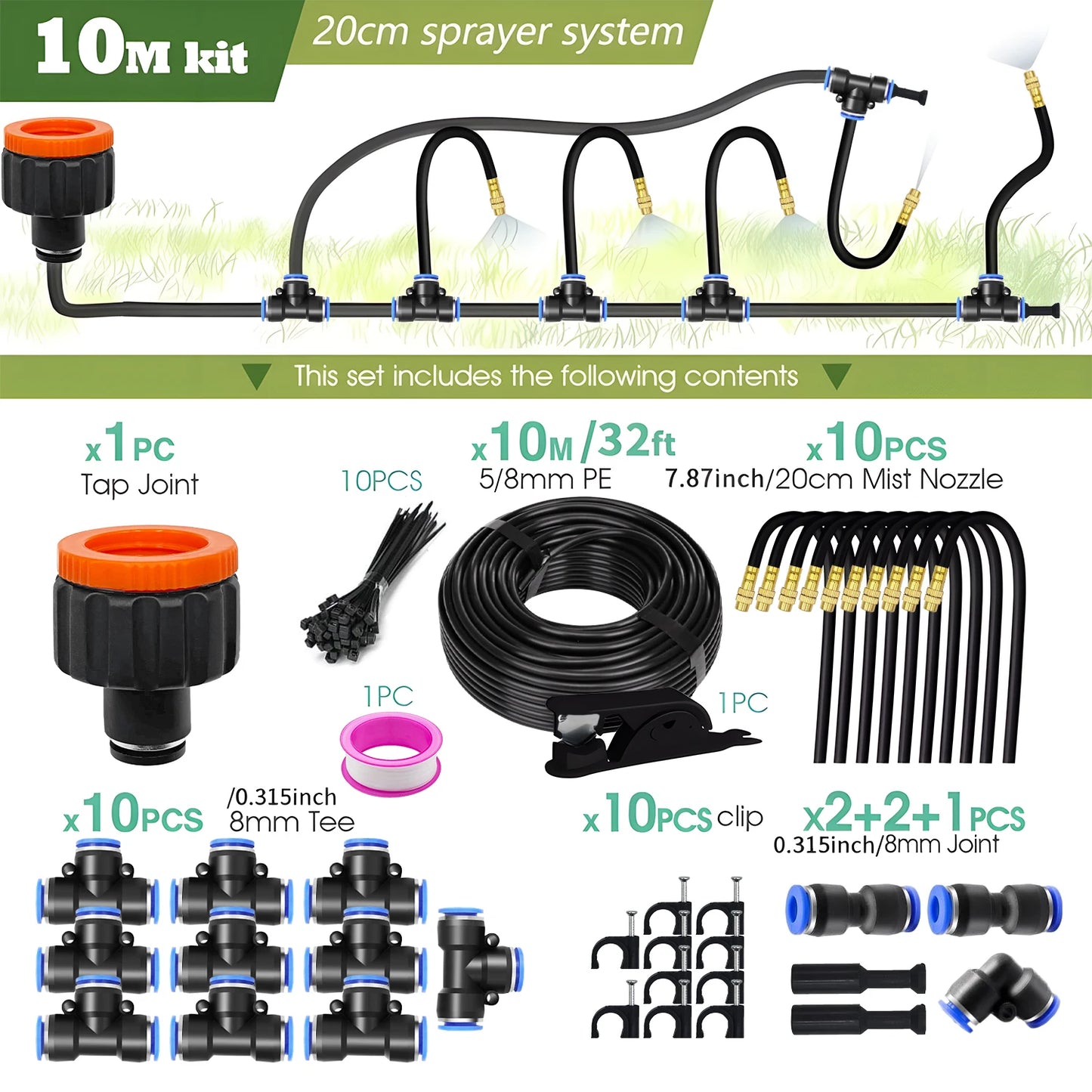 30M-5M DIY Free Bending Universal Sprayer Kit 8mm Hose Patio Misting Cooling System for Garden Plant Fogging Watering Irrigation Peaceful Pleasures Health and Wellness 10Mkit