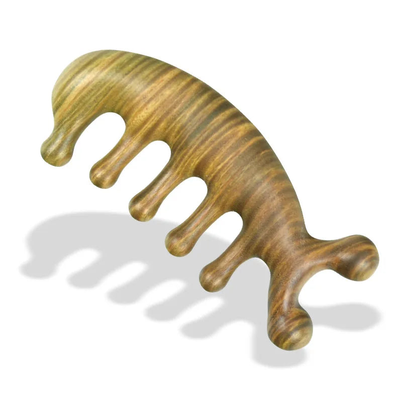 Green Sandalwood Wide Tooth Comb Head Meridian Massage Comb Acupuncture Therapy Blood Circulation Anti-static Smooth Hair Peaceful Pleasures Health and Wellness TYPE-4