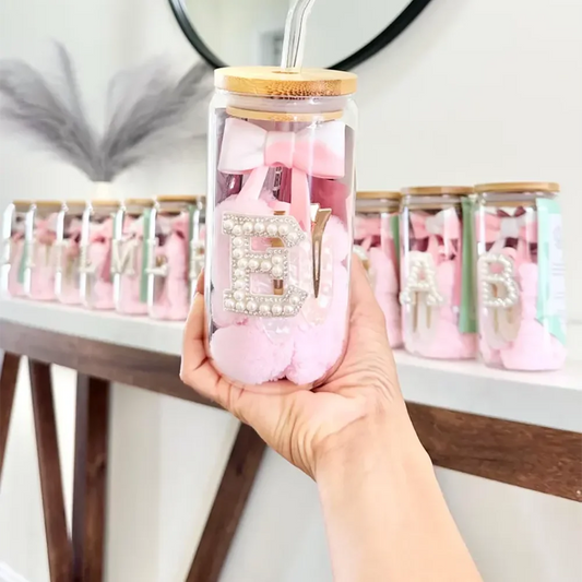Personalised Pearl Letter Mugs Teen Girl Birthday Party Favor Glass Cup with Lid Straw Spa Sleepover Party Wedding Bridal Shower Peaceful Pleasures Health and Wellness