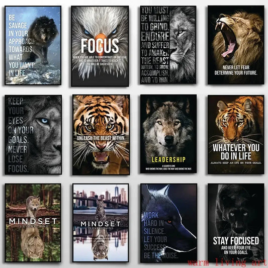 Mindset Is Everything Canvas Wall Art | Lion Wolf Tiger Poster Canvas Wall Art Peaceful Pleasures Health and Wellness
