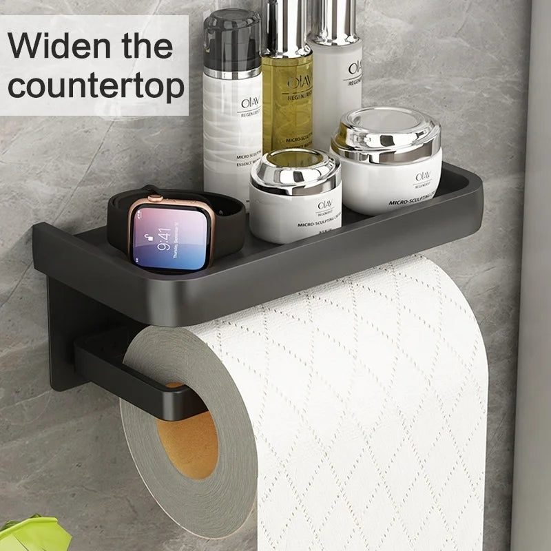 Wall-Mounted Aluminum Toilet Paper Holder with Phone Shelf Toilet Paper Holder Peaceful Pleasures Health and Wellness