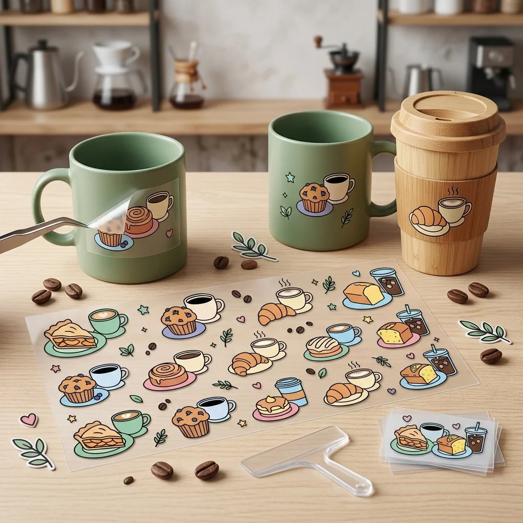 Coffee & Pastry UV Transfer Stickers – Waterproof Cartoon Decals