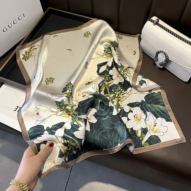 100% Mulberry Silk Lotus Floral Scarf – Women's Versatile Accessory