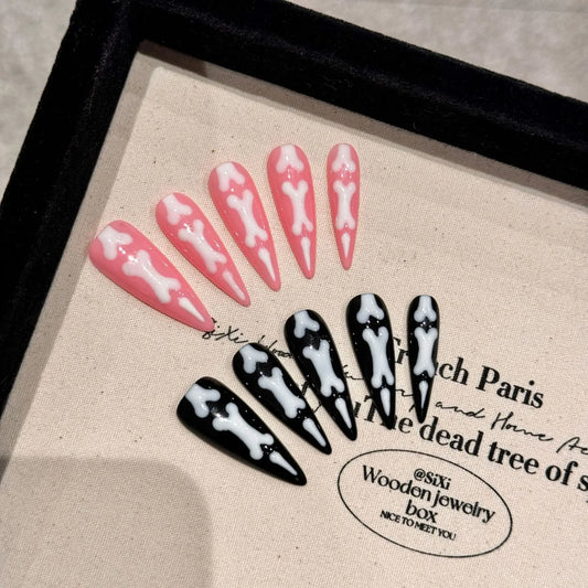 Handmade Press on Nails Halloween Cat paw bones Fake Nails for Women Wearable Long Pointed Pink and Black False Nail Patches Peaceful Pleasures Health and Wellness XS