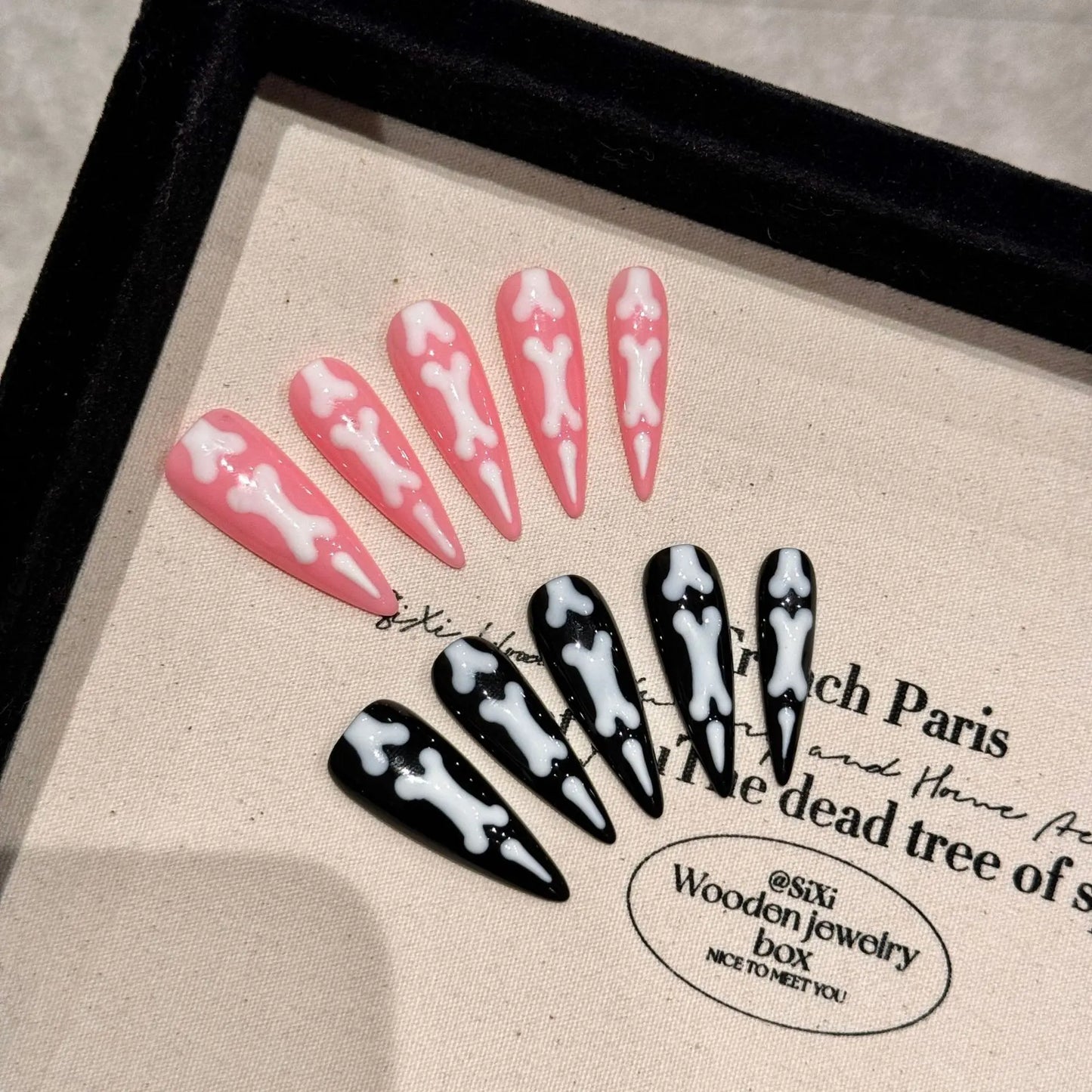 Handmade Press on Nails Halloween Cat paw bones Fake Nails for Women Wearable Long Pointed Pink and Black False Nail Patches Peaceful Pleasures Health and Wellness XS