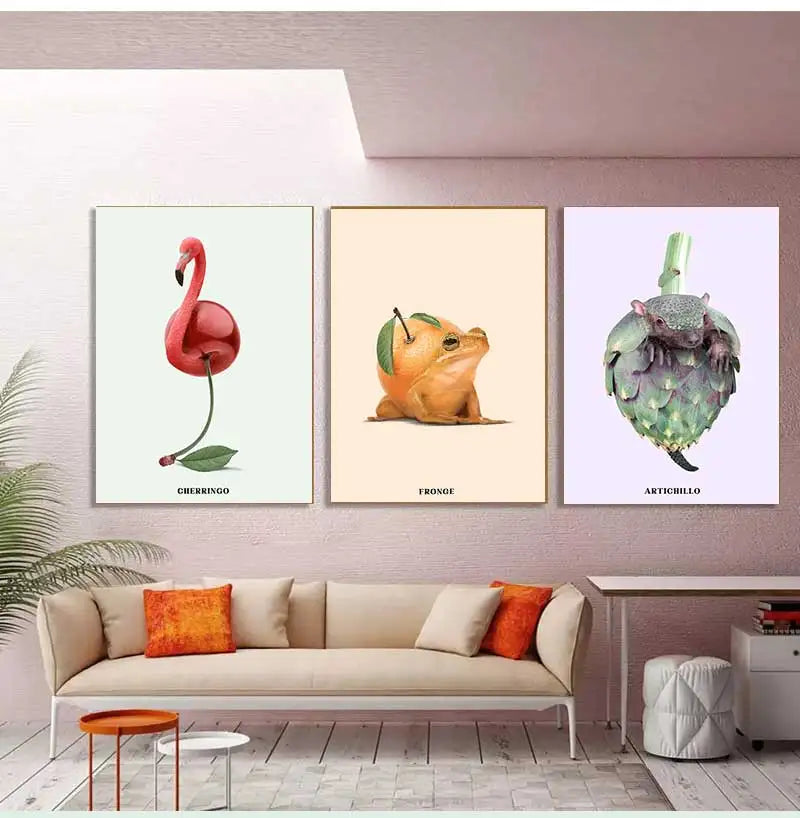 Funny Fruit Animal Poster, Kitchen Canvas Painting, Garlic, Goose,Cauliflower, Sheep Wall Picture, Living Room Decor Peaceful Pleasures Health and Wellness