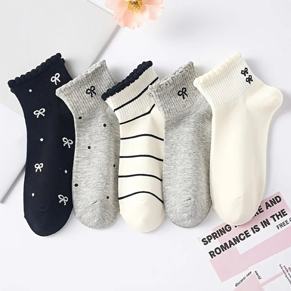 Kawaii Bow Low Cut Ankle Socks – 5 Pairs, Cotton, EU 36–40 Ankle Socks Peaceful Pleasures Health and Wellness