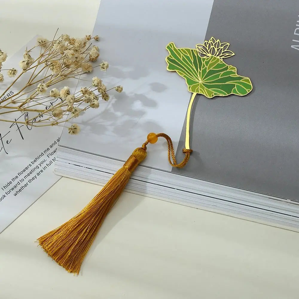 Lotus Leaf Metal Bookmark | Chinese Style Brass Tassel Gift