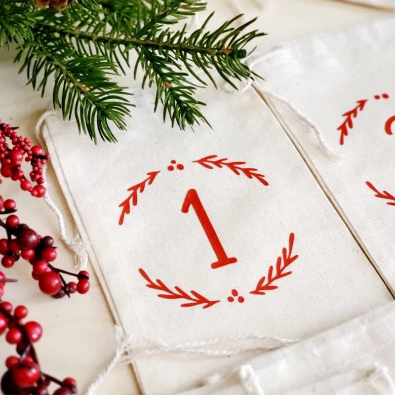24-Piece Advent Calendar Drawstring Bags | Farmhouse Christmas Advent Calendar Bags Peaceful Pleasures Health and Wellness
