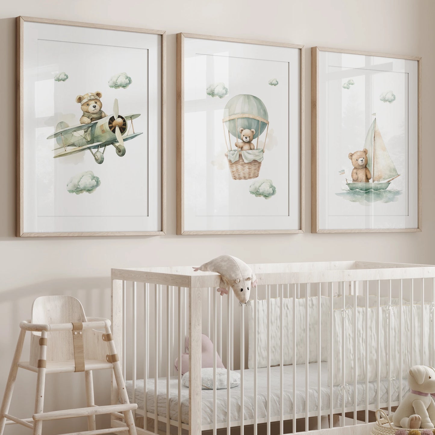 Cartoon Green Cloudy Bear Canvas Wall Art | Kids Room Decor