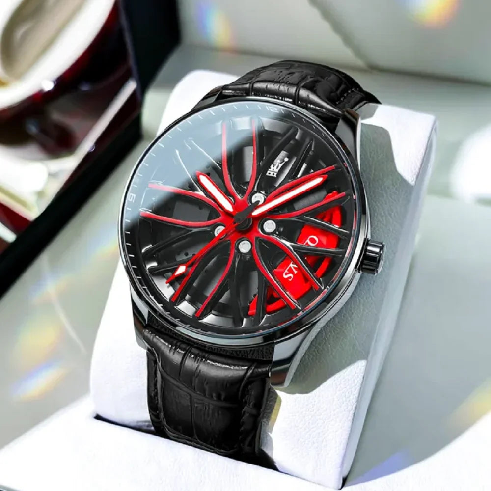 Men's Car Rim Quartz Watch – Leather Strap Round Dial
