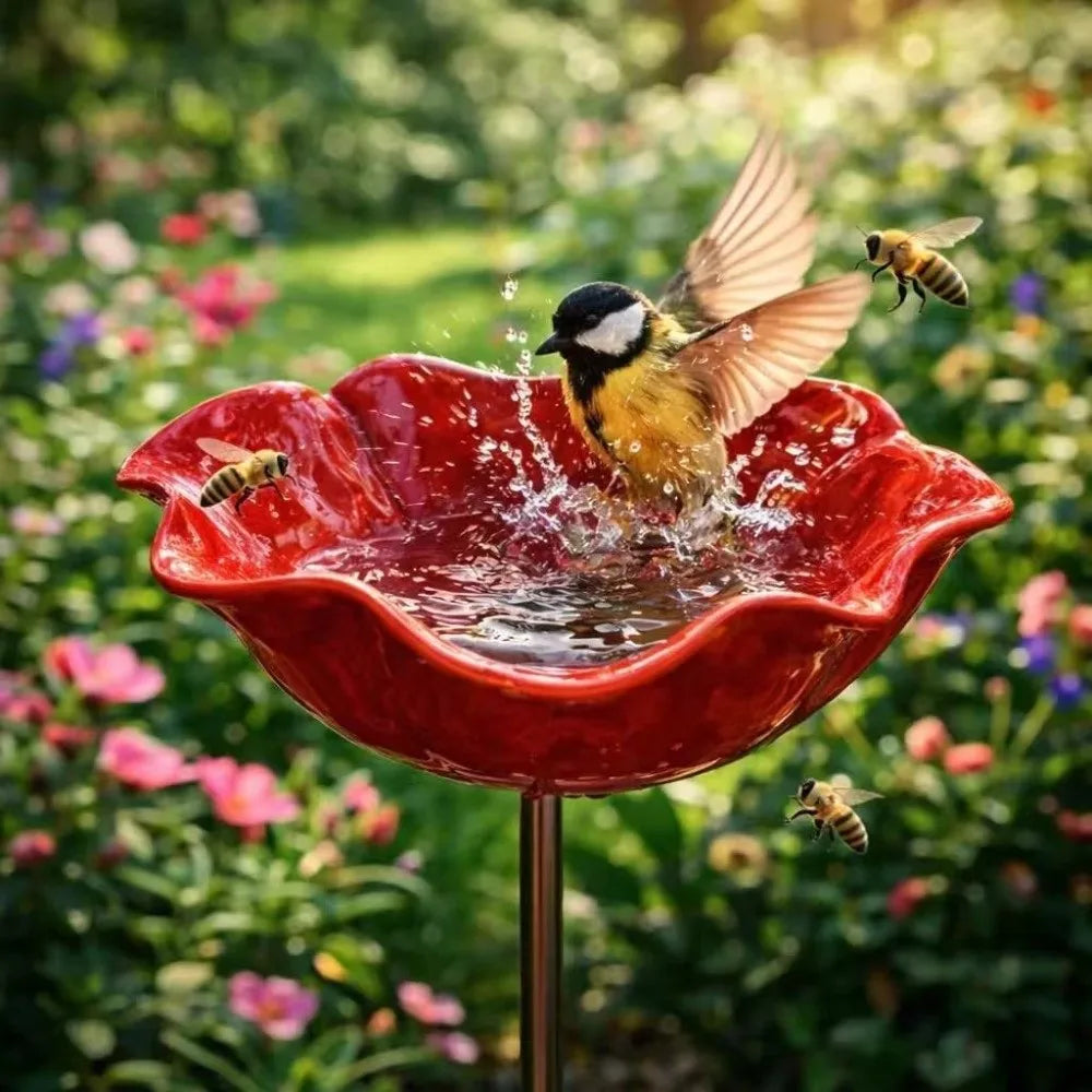 Handcrafted Metal Flower Garden Stake & Bird Bath | UV Resistant