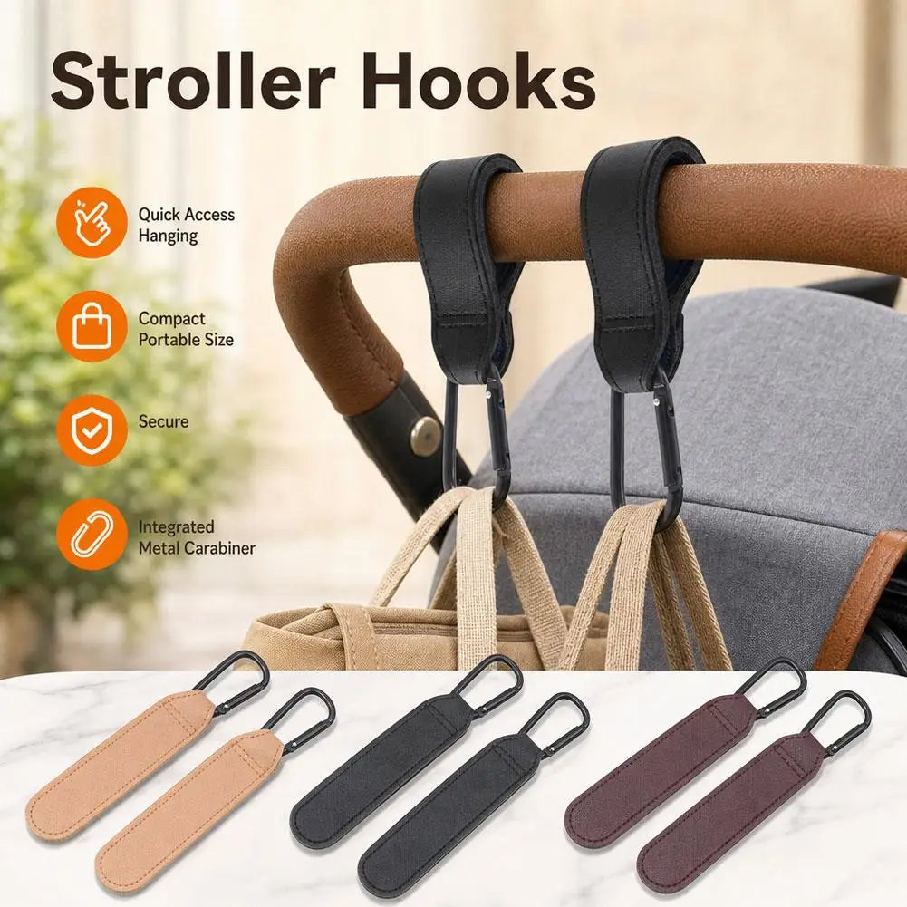 2Pcs PU Leather Stroller Hooks Versatile Stroller Handle Hanger Diaper Bag Purse Grocery Organizer Hook Stroller Accessories Peaceful Pleasures Health and Wellness