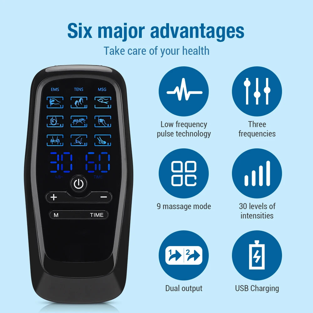Electric Muscle Stimulator EMS & TENS Unit Pulse Massager for Back Neck Shoulder Knee Joints Full Body Relax 9 Modes 30 Gears Peaceful Pleasures Health and Wellness