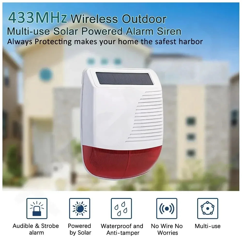 433MHz Solar-Powered Wireless Siren Alarm - 120dB Outdoor Security Horn with Strobe Light, Waterproof for Smart Home Peaceful Pleasures Health and Wellness