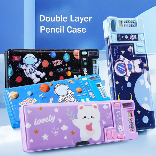 Double Layer Pencil Case Astronaut/Animal Design Pencil Sharpener Pencil Box Plastic With Calculator Stationery Organizer Peaceful Pleasures Health and Wellness