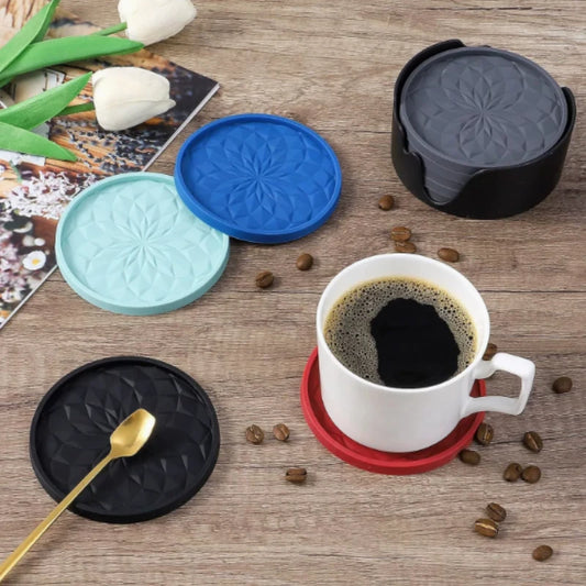 6 PCS with base Coasters, Round Mugs Coasters Set, car coaster，Silicone Coasters for Drinks, Coffee Pads Beer Bar Mat Black Peaceful Pleasures Health and Wellness
