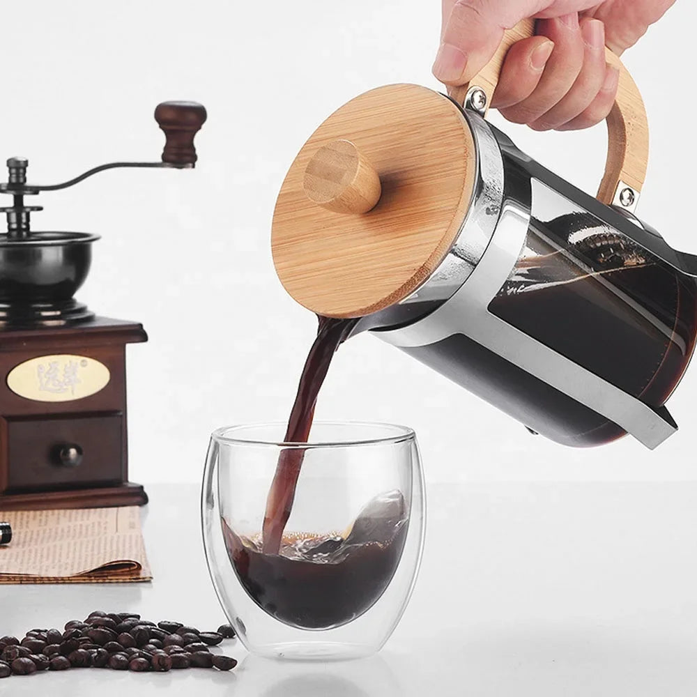 350/600ml Stainless Steel Pressing pots Food Grade Press type Wooden handle Maker French Transparent Press for Coffee and Tea Peaceful Pleasures Health and Wellness