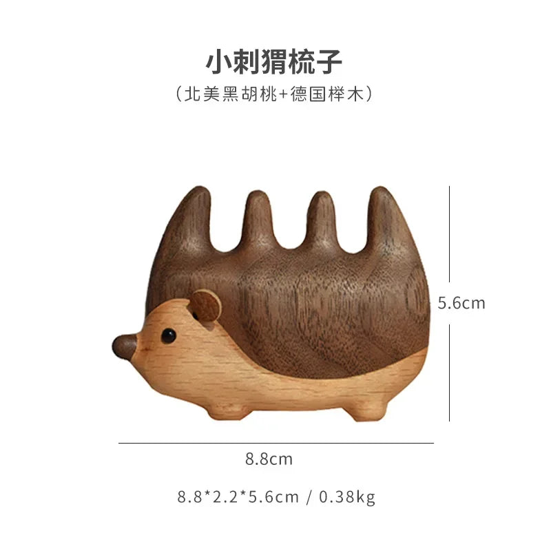 Massage Comb Cartoon Hedgehog Black Walnut Wood Meridian-unblocking Comb Creative Cartoon Animal Portable Wooden Head Care Comb Peaceful Pleasures Health and Wellness As shown