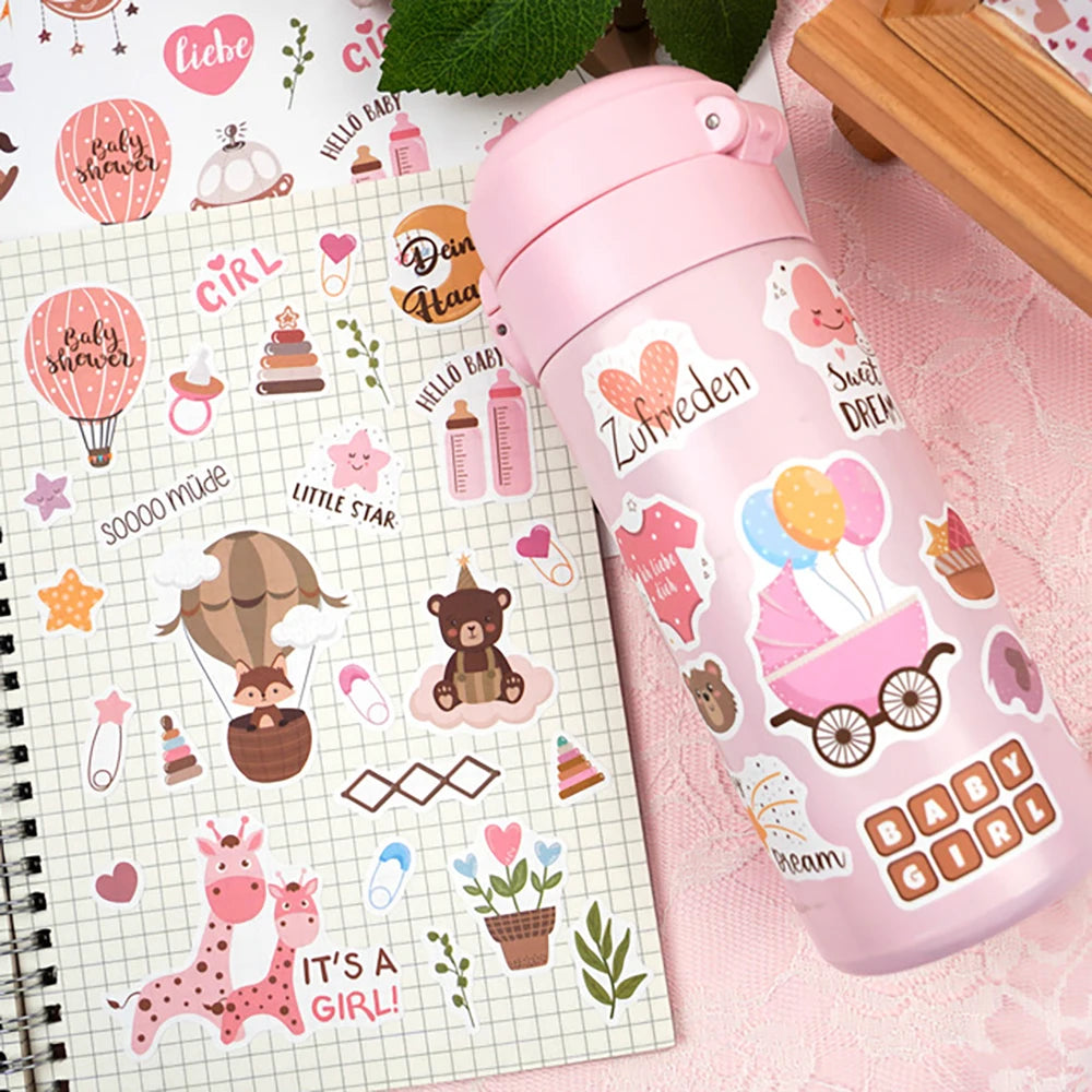 4 Sheets German English Cartoon Morandi Decorative Bookbook Stickers