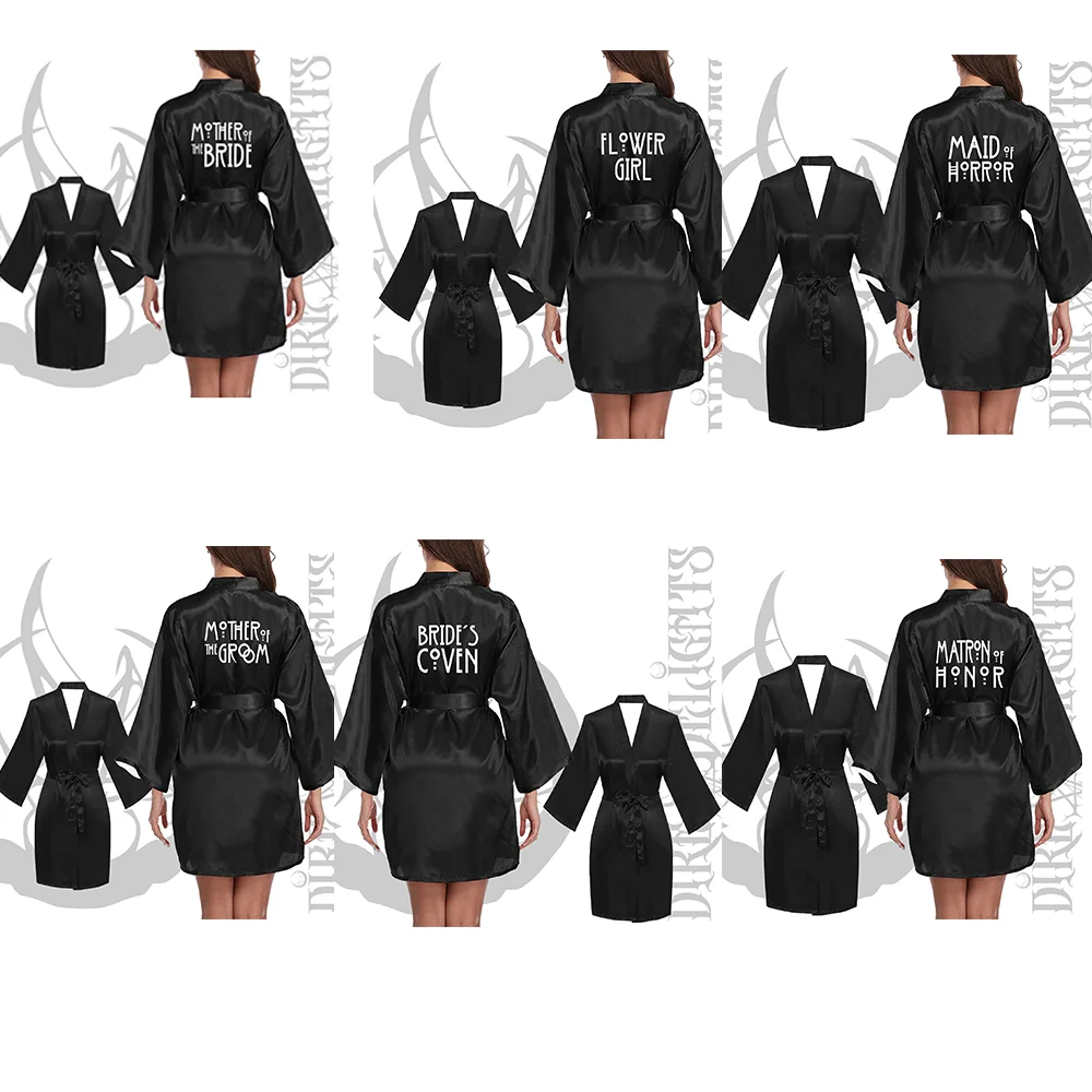 Gothic Bachelorette Satin Robe | Goth Bridal Kimono Gift Bridal Party Robe Peaceful Pleasures Health and Wellness