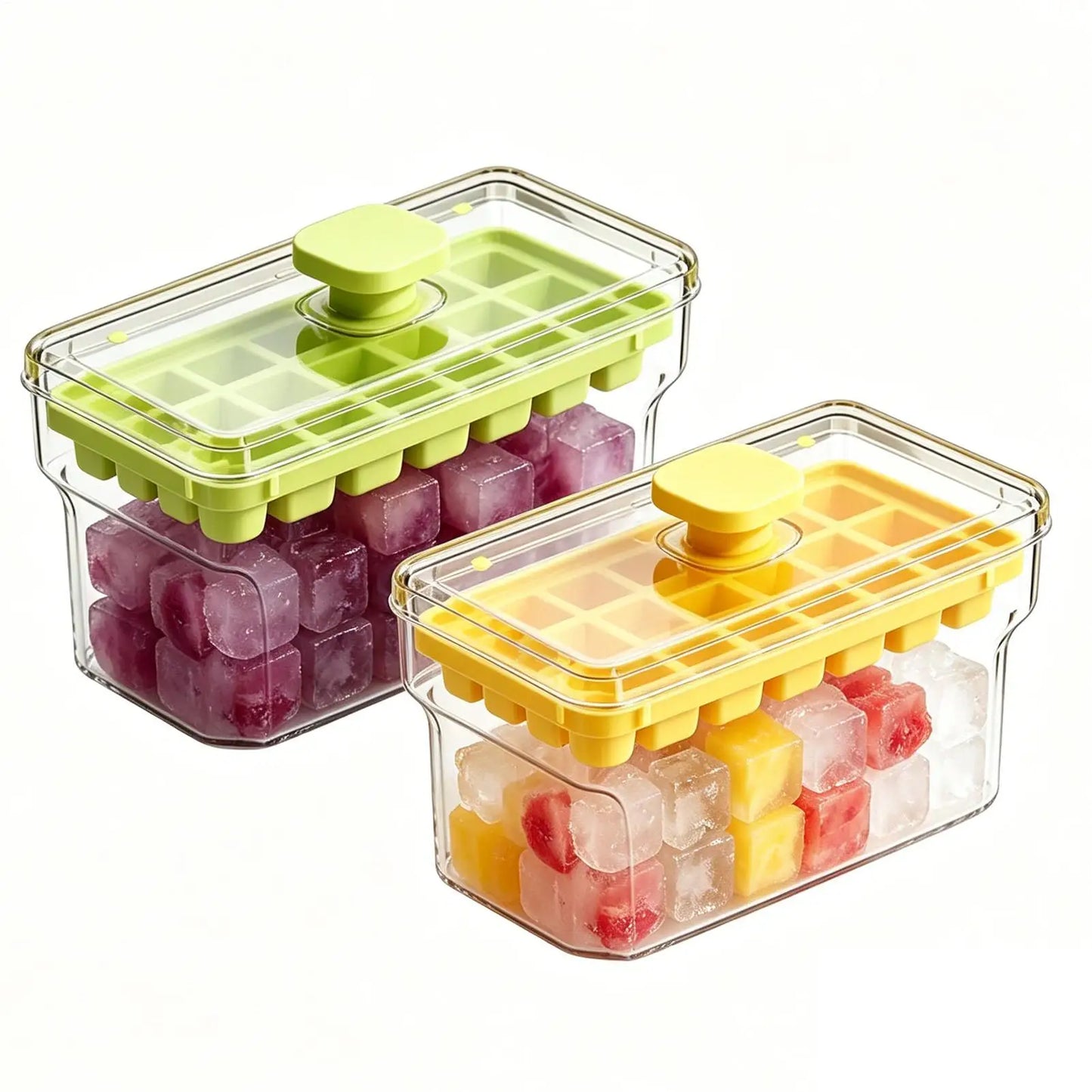 32-Grid Press Ice Cube Tray with Lid & Bin | One-Touch Release