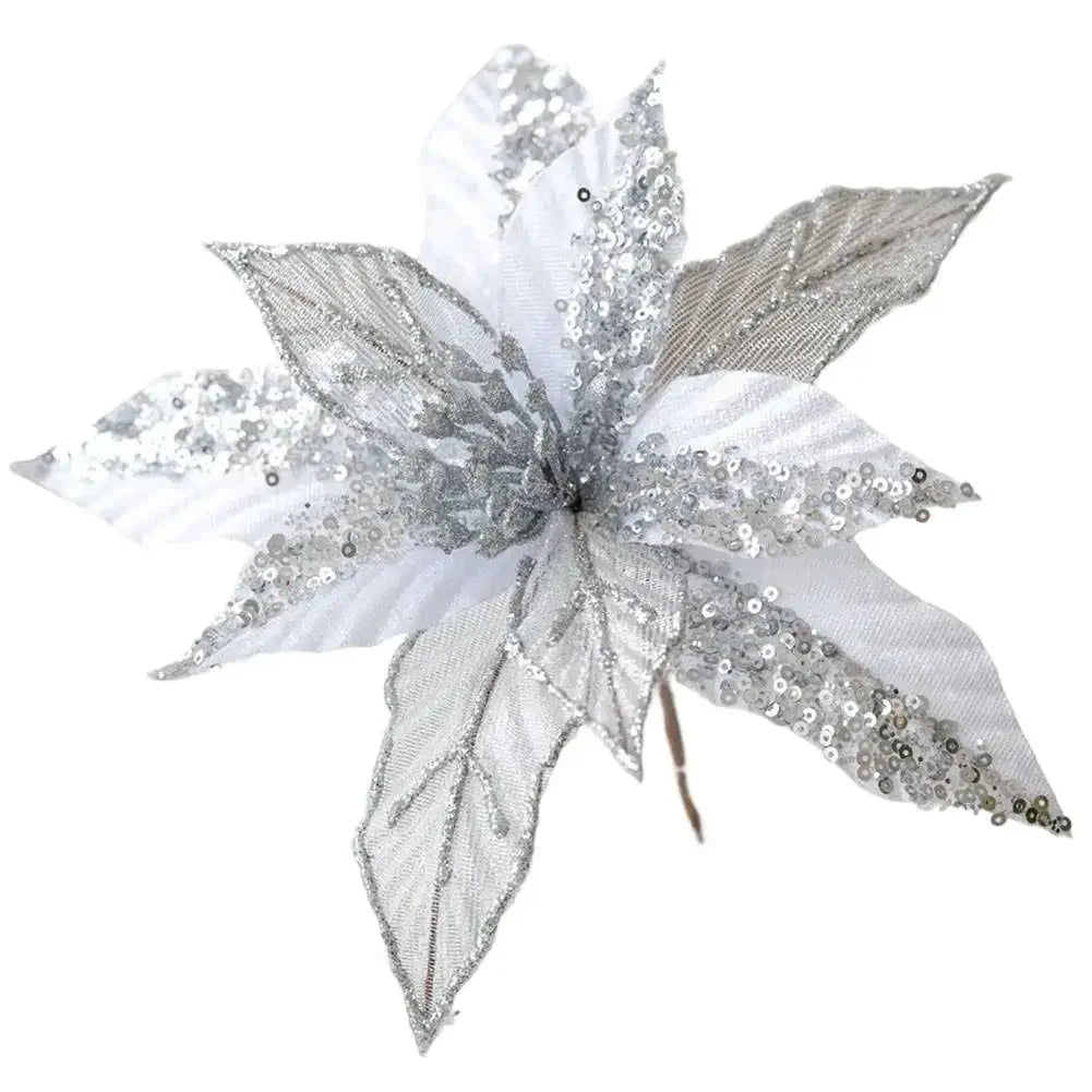 Christmas Glitter Poinsettia Artificial Flower Ornaments | Set of 6