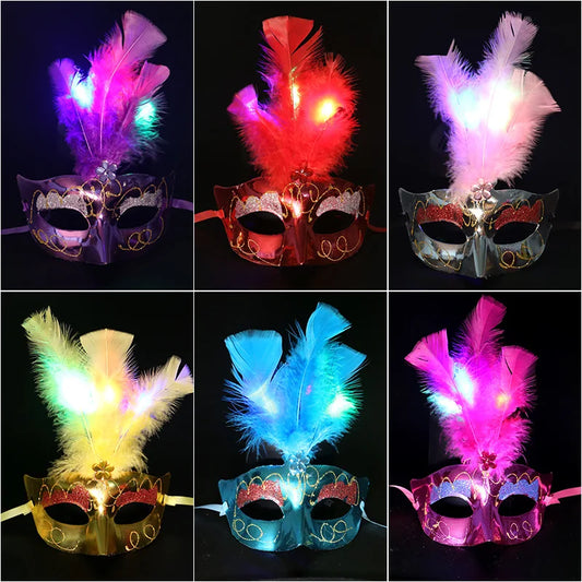 LED Glow Feather Butterfly Masquerade Mask | Venetian Party Masquerade Mask Oasis Select