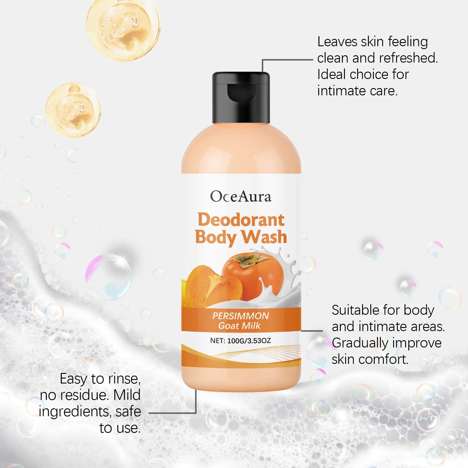 Persimmon Hydrating Body Wash Gentle Cleansing Smoothing Exfoliating Brightening Remove Body Odor Glowing Refreshing Shower Gel Peaceful Pleasures Health and Wellness