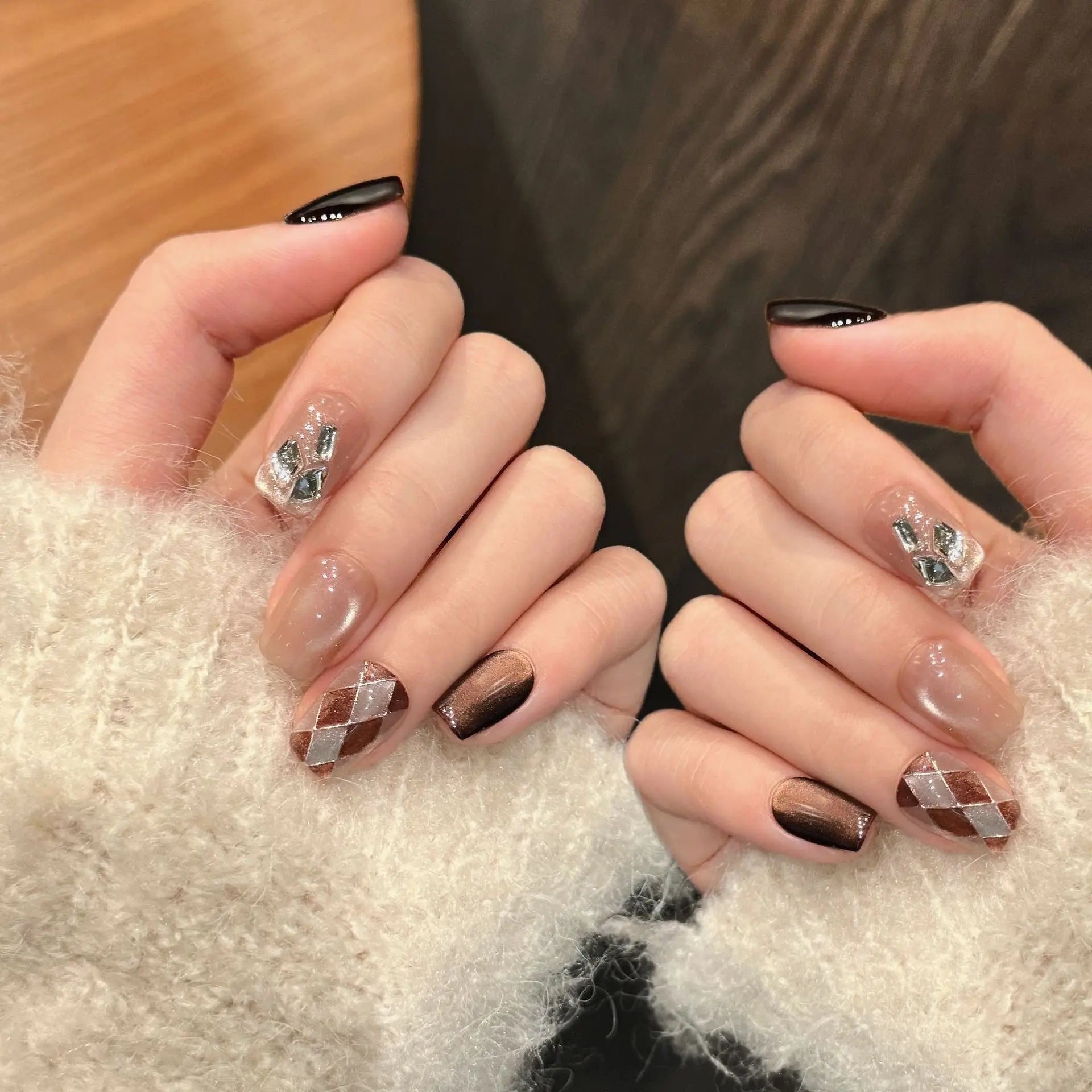 Handmade Press on Nails Retro Brown Grid Cat Eye False Nail Tips for Women Wearable Autumn Winter Short Square Head Fake Nails Peaceful Pleasures Health and Wellness