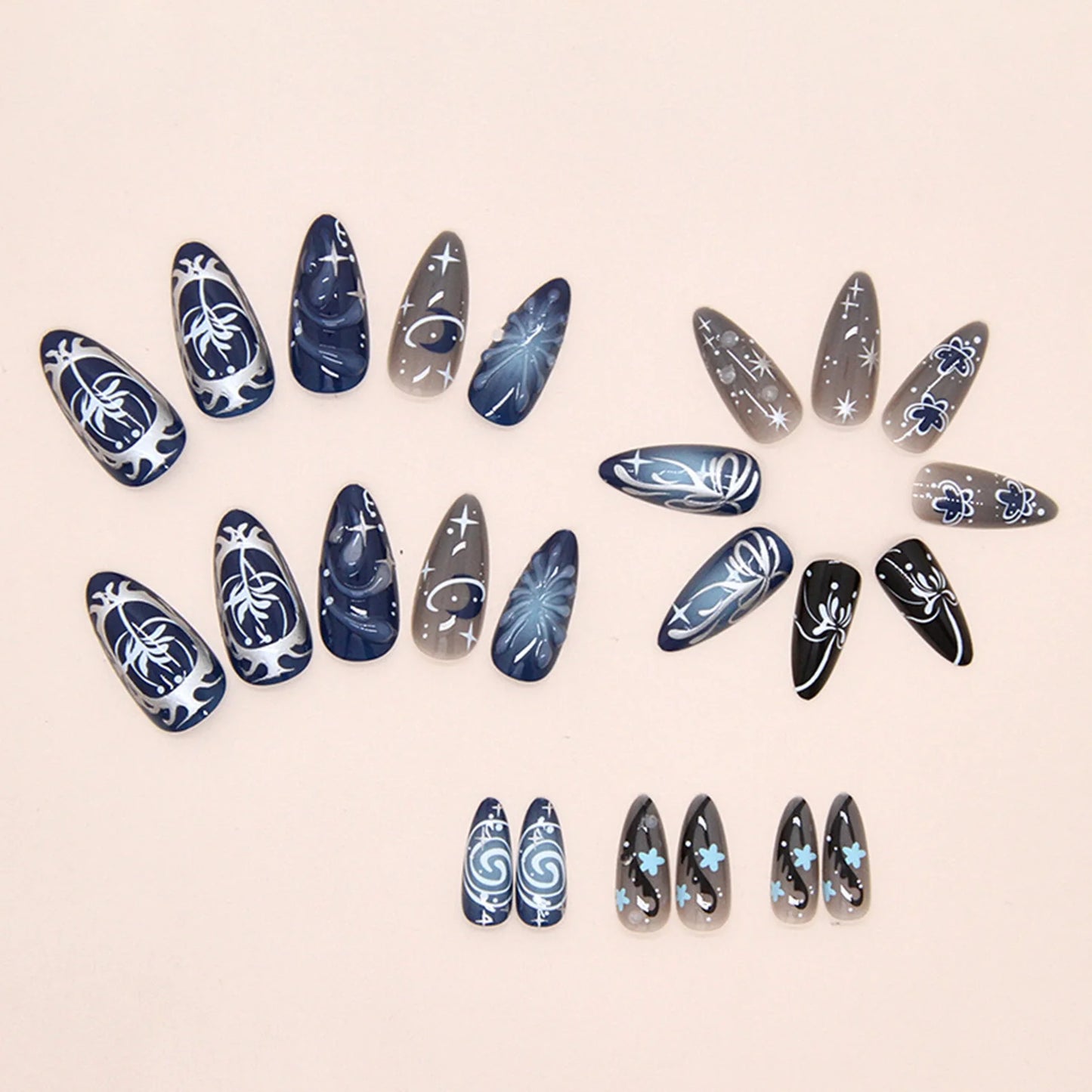 24pc Blue Black Glitter Press On Nails | 3D Y2K Almond Design