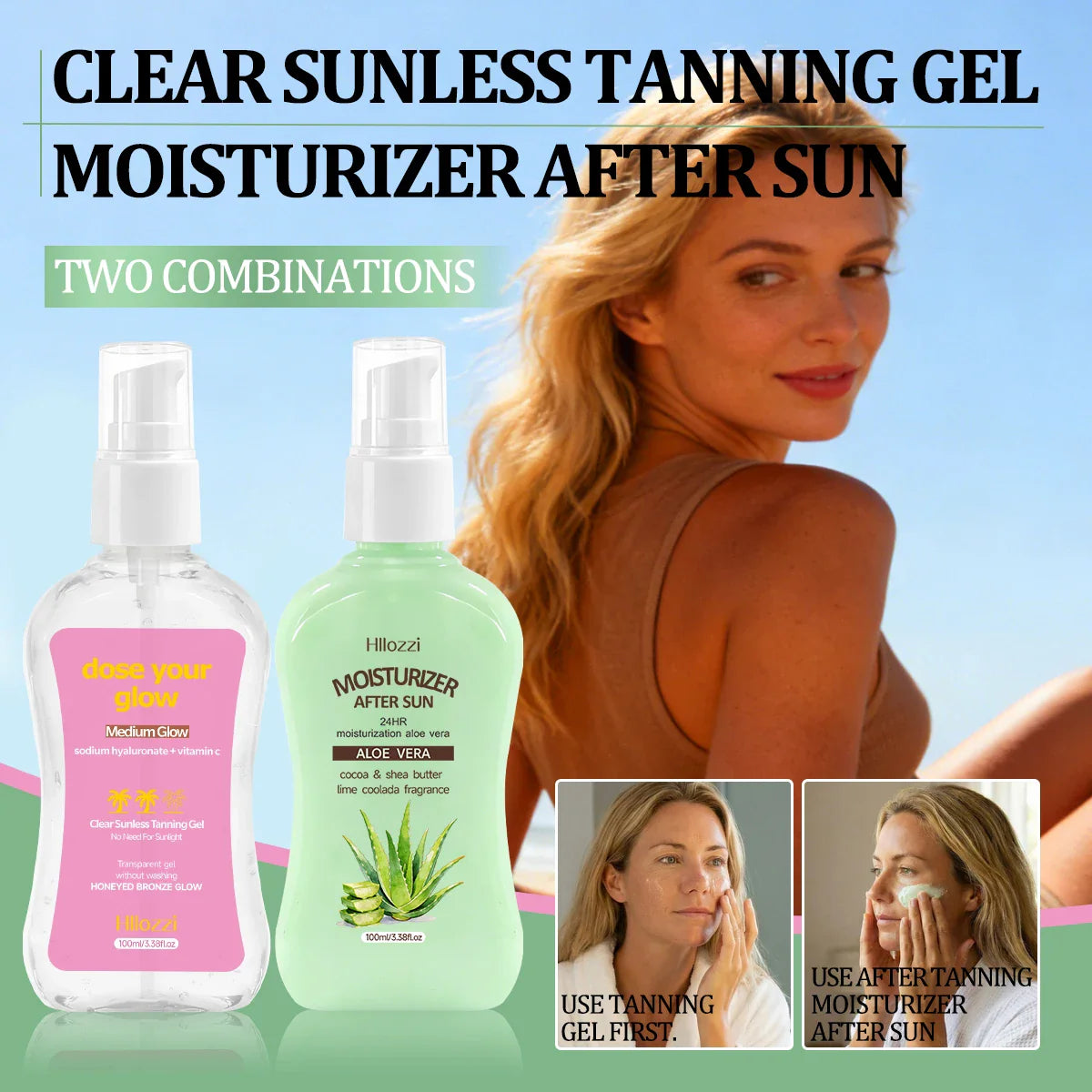 Clear Sunless Tanning Gel – Medium Glow & After Sun Moisturizer