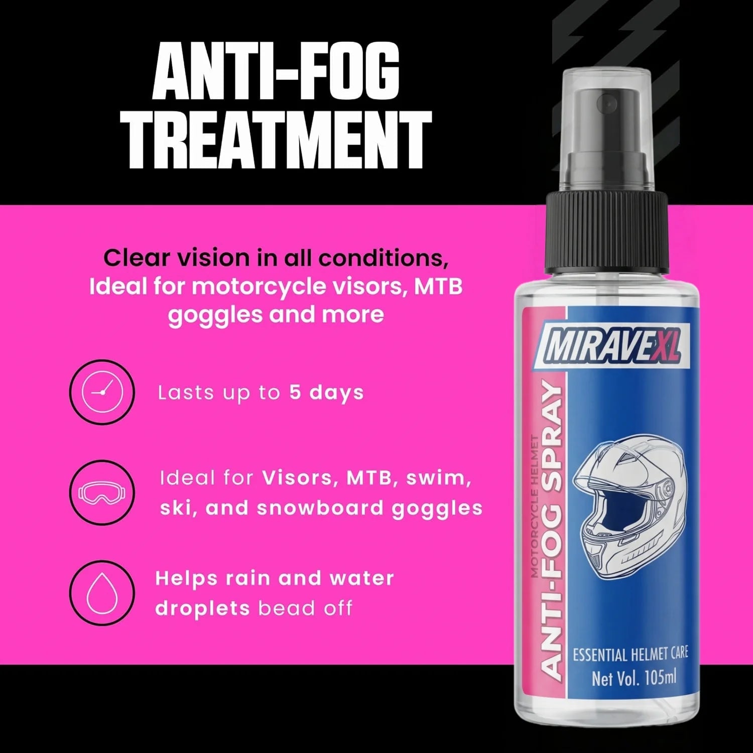 105ML Premium Anti-Fog Treatment Long-Lasting Intensive Anti-Mist Spray for Motorcycle Helmet Visors Goggles and Glasses Peaceful Pleasures Health and Wellness