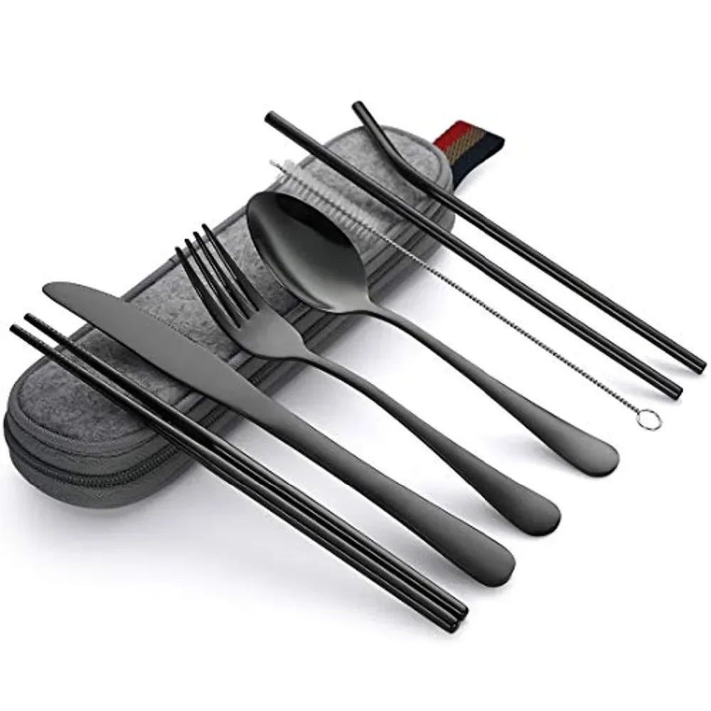 8-Piece Reusable Stainless Steel Travel Cutlery Set – Portable Utensils with Spoon, Fork, Chopsticks, Straw & Case